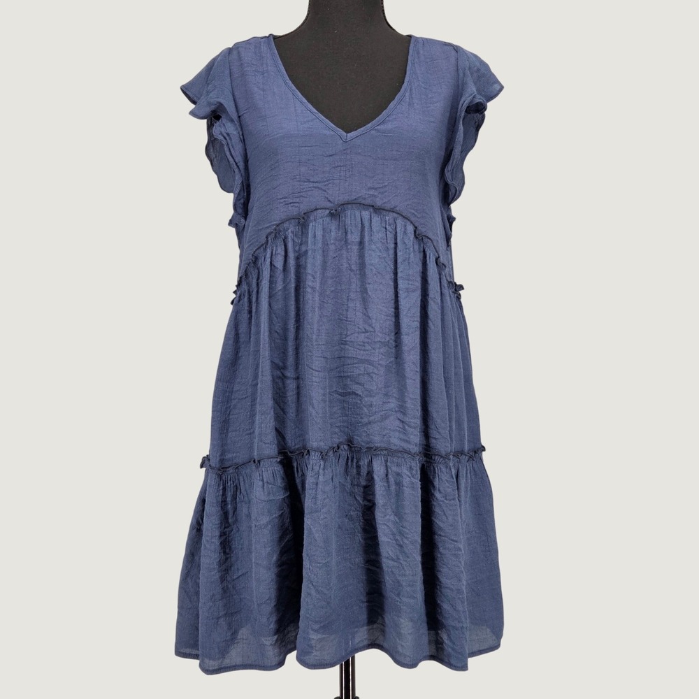 &merci Women Small Babydoll Tiered Mini Dress Navy Blue Flutter Sleeve V Neck